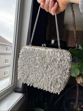 Hand Beaded Silver Clutch Handbag